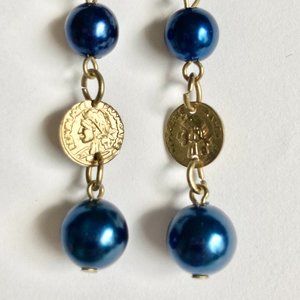 Vintage Gold French Coin Bead Earrings Plated Sapphire Blue Beaded Dangle